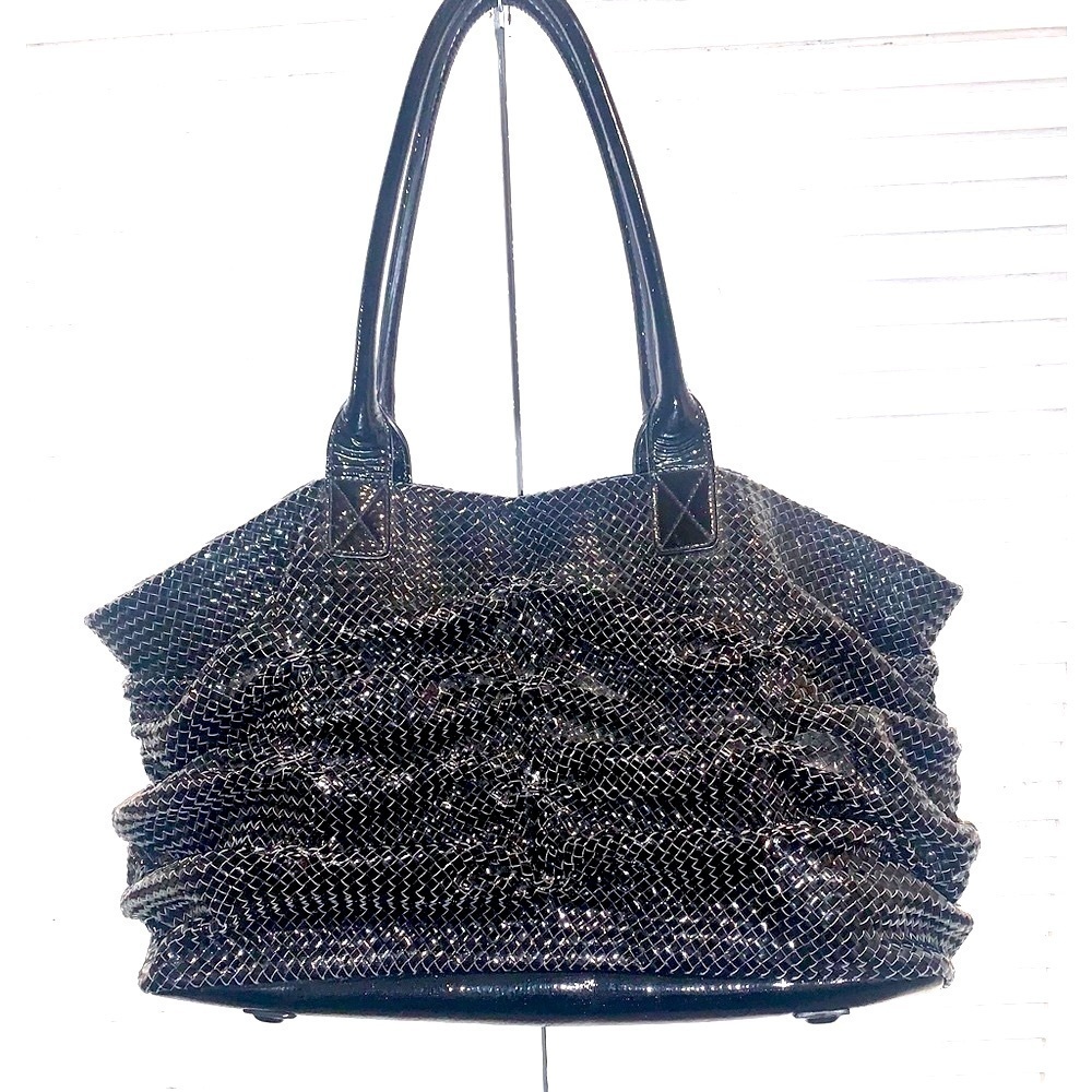 Sondra Roberts Women’s black shimmery crinkled Tote Bag large unique